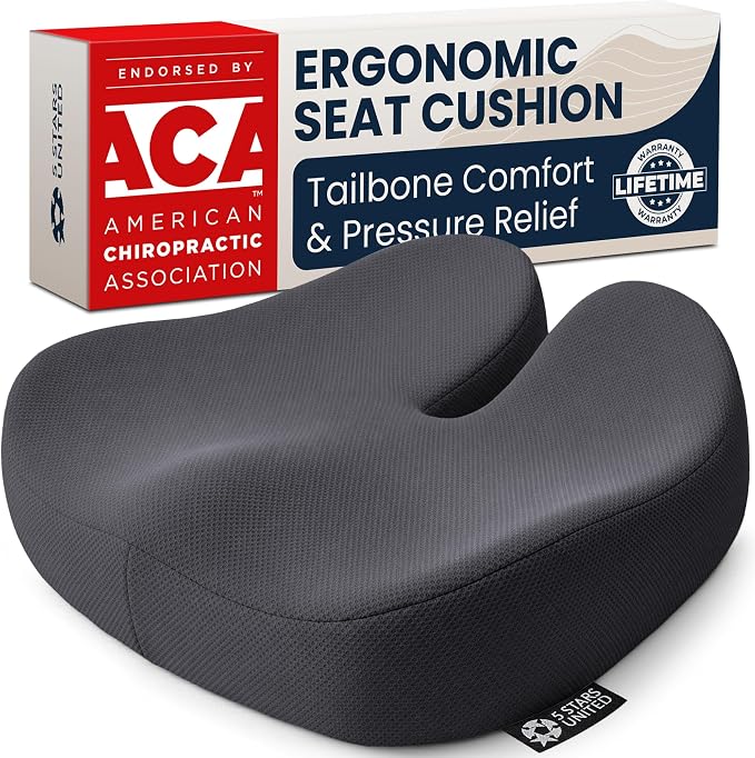 5 STARS UNITED Seat Cushion - Memory Foam Chair Cushion for Tailbone Pain Relief - Ergonomic Support for Coccyx, Sciatica & Butt - Office, Desk & Gaming Chair, Car Seat, Wheelchair, Dark Gray Mesh by 5STARSUNITED