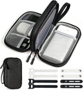 Double Layer PU Leather Electronics Organizer Bag, Midnight Black | Water-resistant pouch with 8 anti-tangle compartments, padded lining and cable ties to protect chargers and 3ft+ cords. by Woyinger