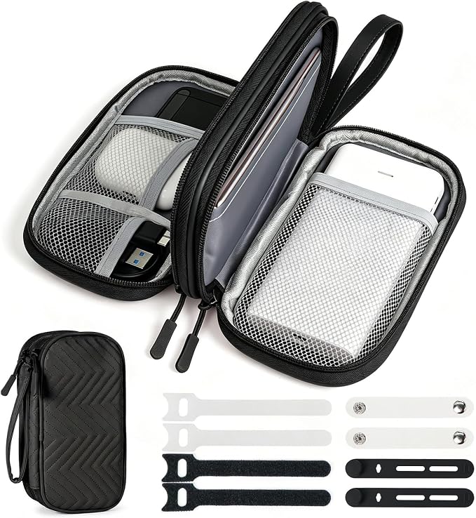Double Layer PU Leather Electronics Organizer Bag, Midnight Black | Water-resistant pouch with 8 anti-tangle compartments, padded lining and cable ties to protect chargers and 3ft+ cords. by Woyinger