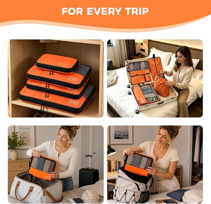 8-Piece Compression Packing Cubes for Travel, Keep Space Saving and Tidy | Bright & Lightweight Luggage Organizer for Outdoor Travel & Adventure, Space Save for Backpack, Duffel Bag & Suitcase- Orange - Image 7