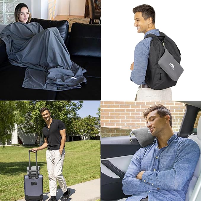BlueHills Premium Soft Lightweight Travel Blanket Pillow Airplane - Gray | Luggage Strap & Carabiner Included, Compact & Lightweight, Pocket Size, Portable Zipper Case, Airplane Traveling Essential - Image 3