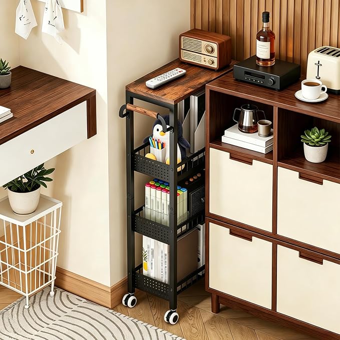 4 Tier Rolling Cart, Metal Utility Slim Storage Carts with Wheels, Small Mobile Shelf Unit Organizer Trolley with Handle and Wood Top, Rolling Cart for Laundry, Bathroom, Kitchen - Image 8