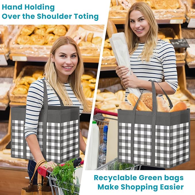 WOWBOX Reusable Grocery Bags,6-Pack, Foldable Reusable Shopping Tote Bags bulk with Reinforced Handles,Large Storage Bags with Water Resistant Coating for Groceries,Multipurpose,Grey-White - Image 2