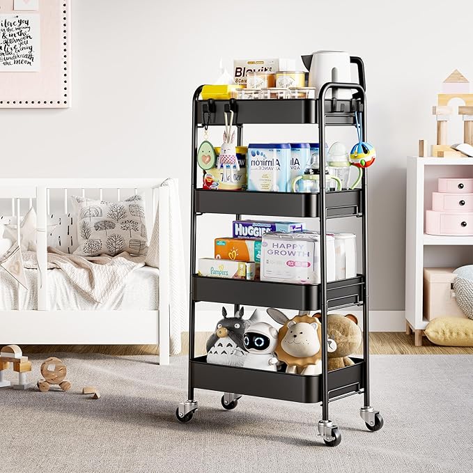 TOOLF 4 Tier Metal Rolling Cart, Utility Storage Cart with Wheels, Black | Screwless Assembly, Lockable Metal Wheels, Trolley Organizer for Bathroom, Kitchen, Office, Dorm, Laundry, Craft Room - Image 7