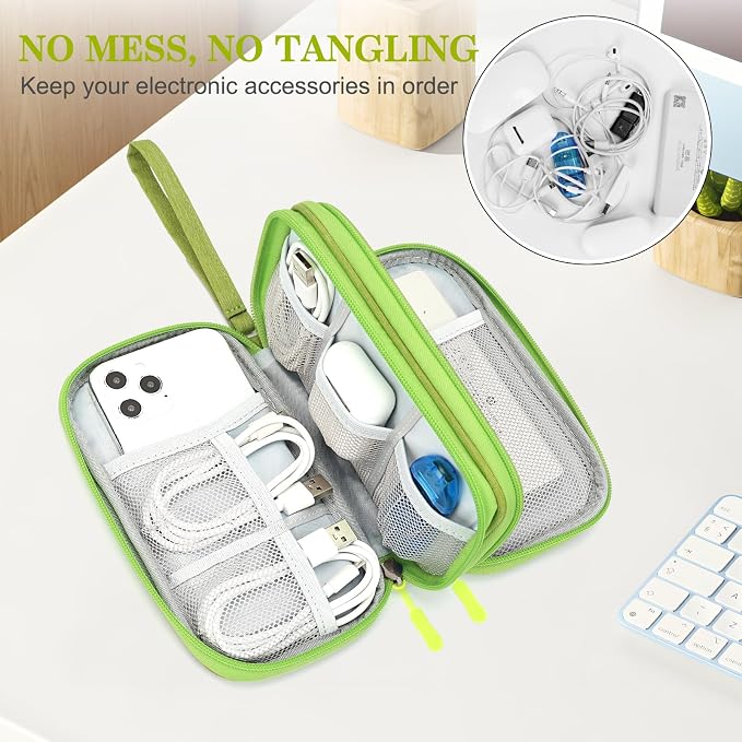 FYY Electronic Organizer, Travel Tech Pouch Bag, Cable Organizer Green | Wrist Strap, Waterproof, Double Layers Portable Electronics Travel Carrying Case for Cord, Charger, Daily Business Trips Use - Image 5