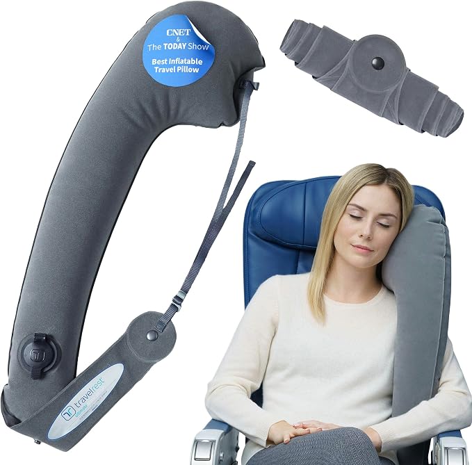 TRAVELREST Ultimate Inflatable Travel Pillow for Neck & Body - Grey | Inflatable Travel Essential, Upper Compact Support, Sleeping Accessories For Road Trip & Long Flight Comfort, Lightweight by TRAVELREST