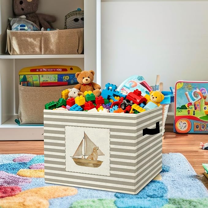 Rustic Golden Retriever Sailboat Storage Bins Boxes Handles | grey striped nursery foldable basket for organizing bedroom toddler playroom - Image 2