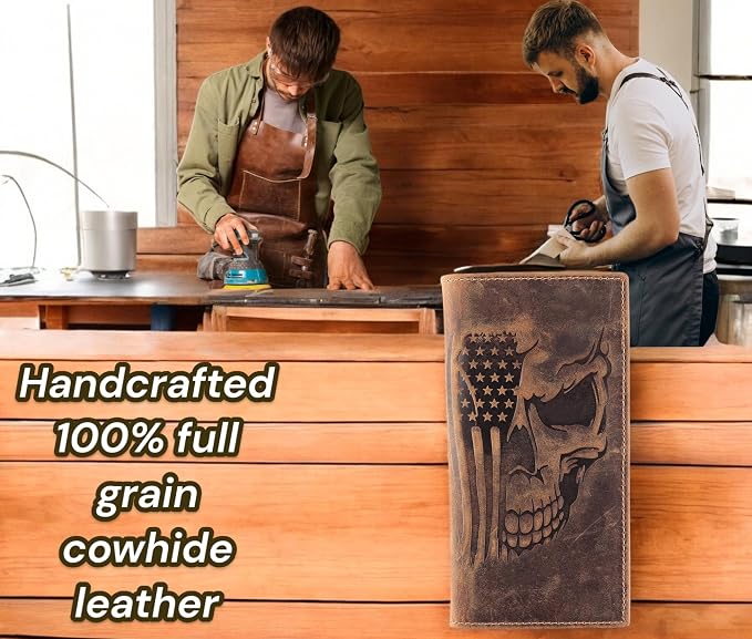 F&L CLASSIC Men's RFID Vintage Look Genuine Leather Long Bifold Wallet Checkbook Wallets,brown flag skull,240-103 - Image 5