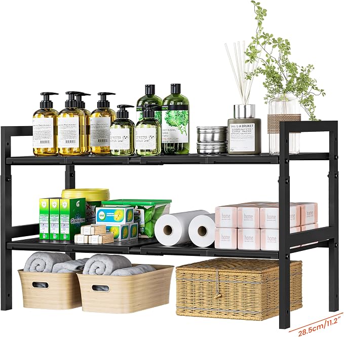 Under Sink Organizer and Storage 16.5"-30.7" Expandable Length, Adjustable Height Max 16.7" Under Sink Shelf 2 Tier with Removable ABS Panels Metal Frame for Bathroom Kitchen Pantry Cabitnet Pot Pan by Home