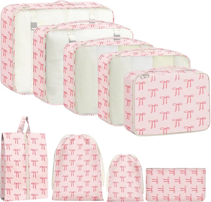 9 Set Packing Cubes for Travel Essentials - Lightweight Carry-On Luggage Organizer Bags with Shoe, Clothes & Laundry Bags for Airplane, Family & Business Travel, Pink bow by Unknown