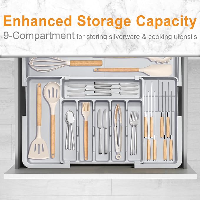 Silverware Drawer Organizer for Kitchen, Adjustable Utensil Drawer Organizer with 2 Knife Block, BPA Free Flatware and Cutlery Holder, Expandable Plastic Storage for Spoons Forks Knives(Grey) - Image 4