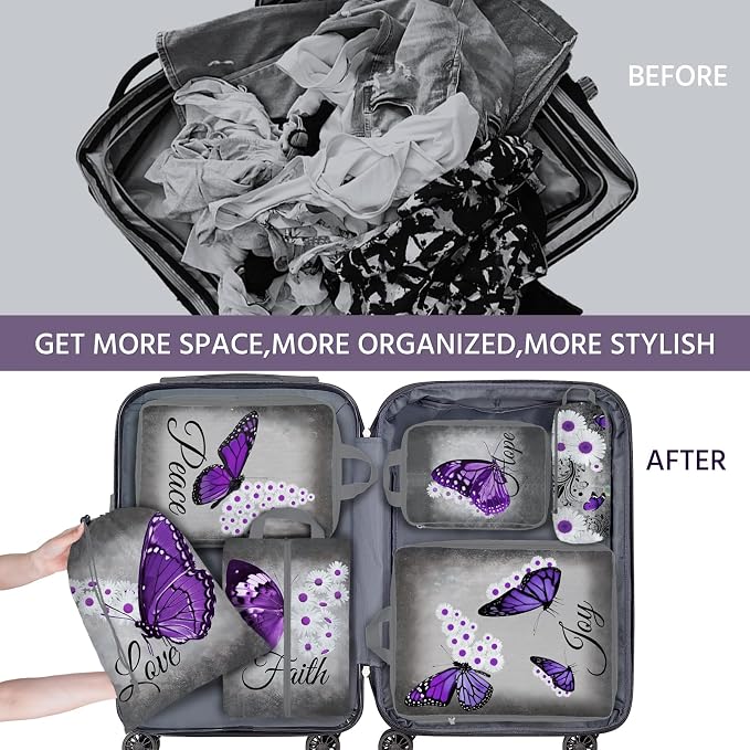 6 Pcs Compression Packing Cubes Waterproof Suitcase Travel Bag Luggage Backpack Organizer Travel Cubes for Packing-Purple Butterfly - Image 4