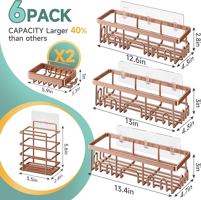 Veken Shower Caddy 6-Pack, No Drilling & Rustproof, Waterproof Adhesive Shelves Rack with Soap Holder, Large Capacity Bathroom Organizers and Storage, Wall-Mounted Kitchen & Home Decor, Rose Gold - Image 7