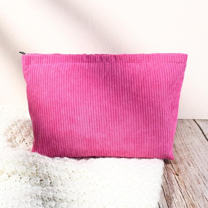 SOIDRAM 2 Pcs Corduroy Makeup Bag Large Cosmetic Bag Toiletry Bag Makeup Pouch Travel Bag Organizer Cute Makeup Brushes Aesthetic Accessories Storage Bag for Women Rose Red - Image 6