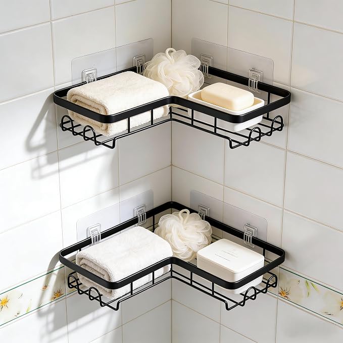 Shower Caddy 2 Pack, No Drilling Adhesive Bathroom Organizer Shelf Rack, Corner Shower Shelf with Hooks for Home Decor & Storage - Image 9