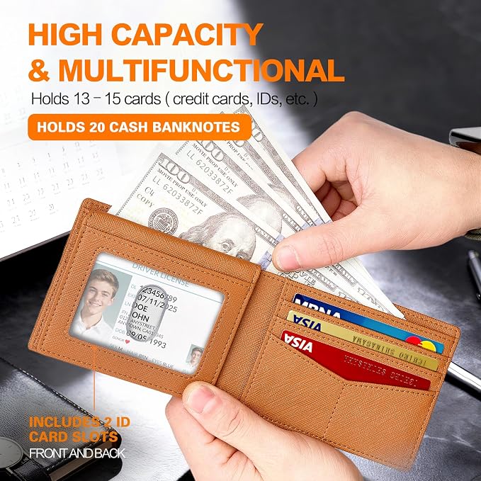 Wallet for Men Slim RFID Blocking Bifold Carbon Fiber,Minimalist Small Compact Front Pocket Credit Card Holder,Thin Mens Leather Wallets Smart Security With 2 ID windows 1 Cash (Cross Brown) - Image 4