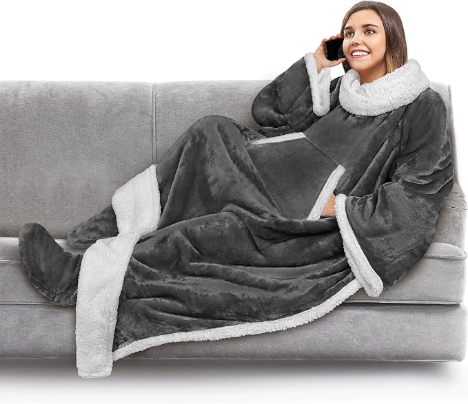 PAVILIA Sherpa Blanket with Sleeves, Foot Pocket for Women Men Adults, Thick Wearable Blanket Throw Wrap, Fleece Warm Snuggle Blanket Robe, Cozy Gift Ideas Wife Mom, Dark Gray by PAVILIA