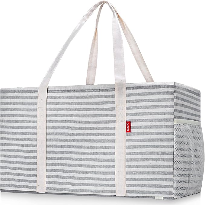 LHZK 2 Pack Extra Large Utility Tote Bag with Metal Wire Frame and the Sides Rinforced, Extra Large Tote Bag with Handle for Pool Beach Laundry Storage (Gray) by LHZK