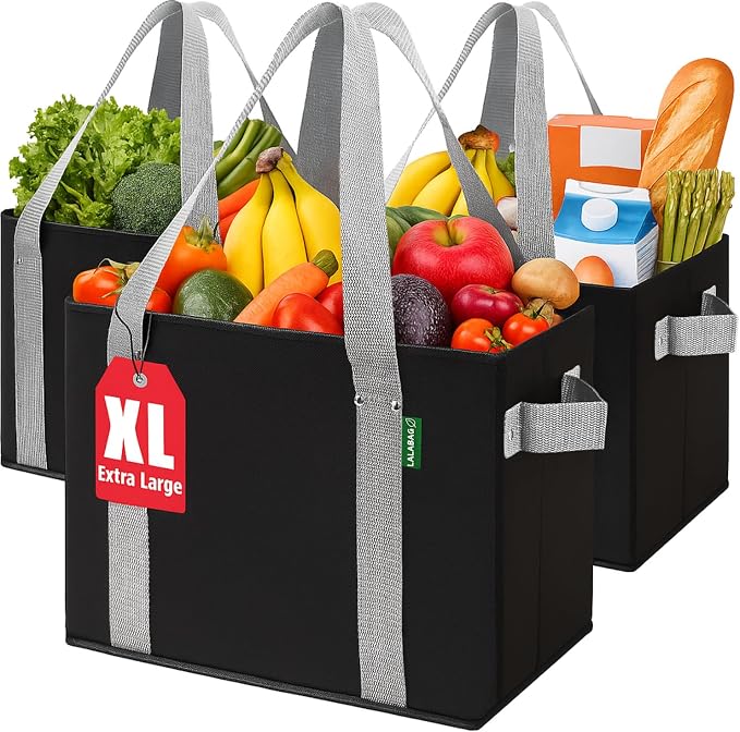 Reusable Grocery Bags (3 Pack ) - Heavy Duty Eco Tote Bags with Box Shape to Stand Up, Hold Up to 65 Lbs - Stay Open & Fold Flat - Foldable Reusable Shopping Bags with Long Handles & Hard Bottom by LALABAG