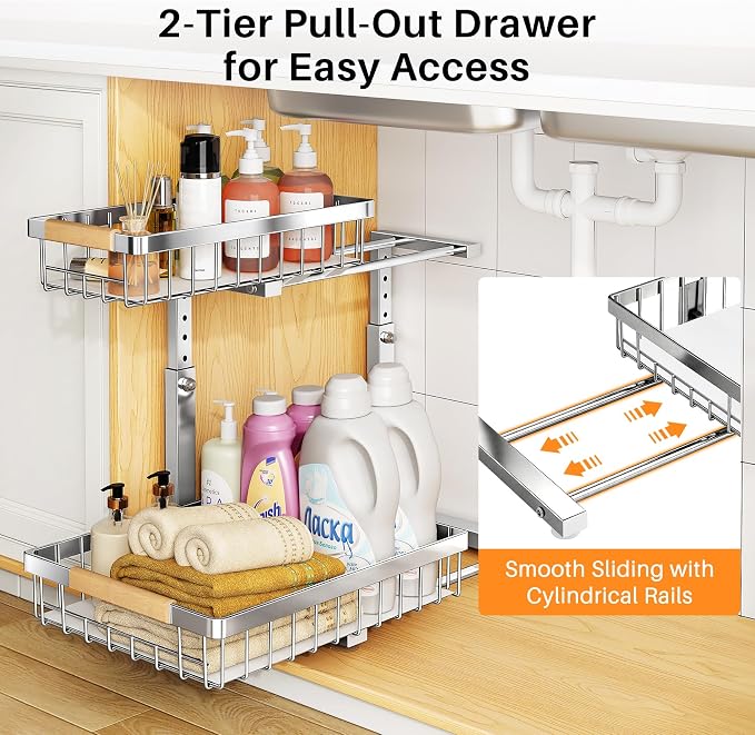 PXRACK Under Sink Organizer, Adjustable Height, 2 Tier Pull Out Cabinet Organizer, Slide Out Thickened Metal Storage for Kitchen Bathroom Laundry Pantry Cabinet, Stainless Steel, Silver, Large-2-Pack - Image 3