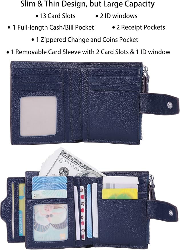 Women's RFID Blocking Leather Small Compact Bi-fold Zipper Pocket Wallet Card Case Purse with id Window - Image 2