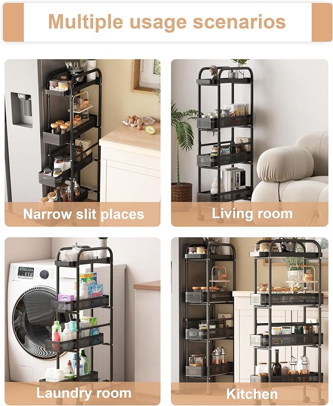 UMDONX 4-Tier Narrow Mobile Storage Cart with Pull-Out Baskets | The Multifunctional Pull-out Storage Rack Is Suitable for Bathrooms, Kitchens, and Laundry Rooms - Image 8
