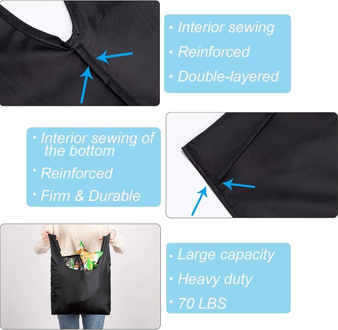 Large Reusable Bags Shopping Washable Foldable 6 Pack Grocery Bags Heavy Duty Lightweight Folding Gift Tote Bags Durable Polyester Black - Image 5