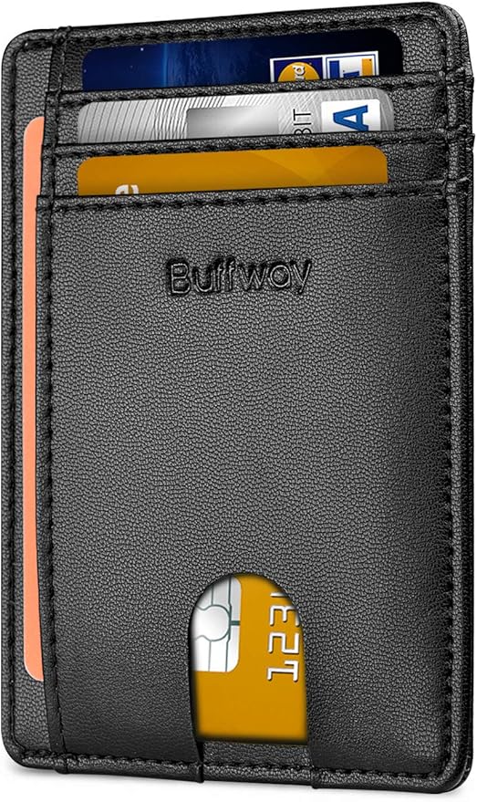 Buffway Slim Minimalist Front Pocket RFID Blocking Leather Wallets for Men and Women - Sand Black by Buffway