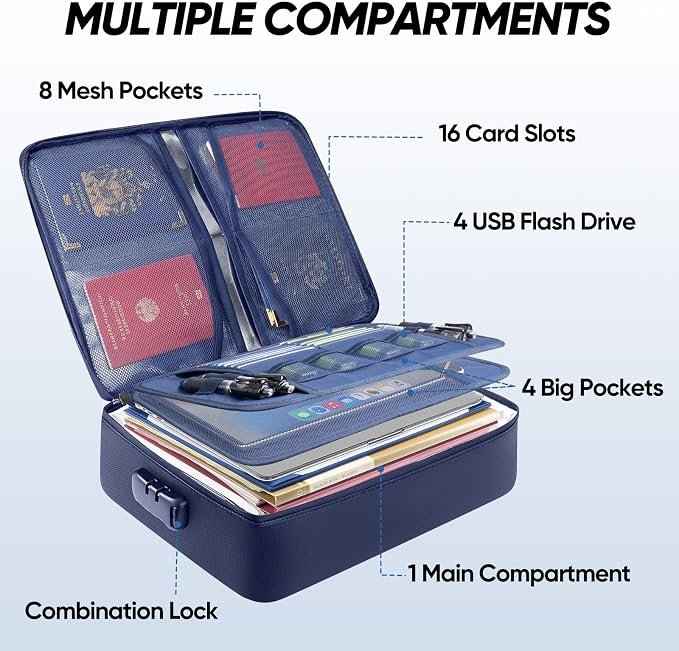 BALEINE Fireproof Document Box with Lock, Portable Fireproof Document Bag Waterproof Fire Proof File Boxes for Documents, File Organizer Box for Important Paperwork (Blue, 15''x11''x4'') - Image 3