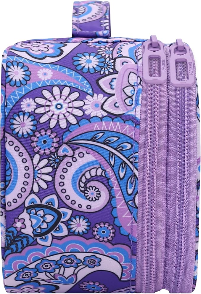 Relavel Small Floral Cosmetic Bag with Makeup Brush Compartment | Portable Makeup Pouch for Women, Double Layer Cute Toiletry Organizer Bag for Accessories, Purple Flower - Image 9