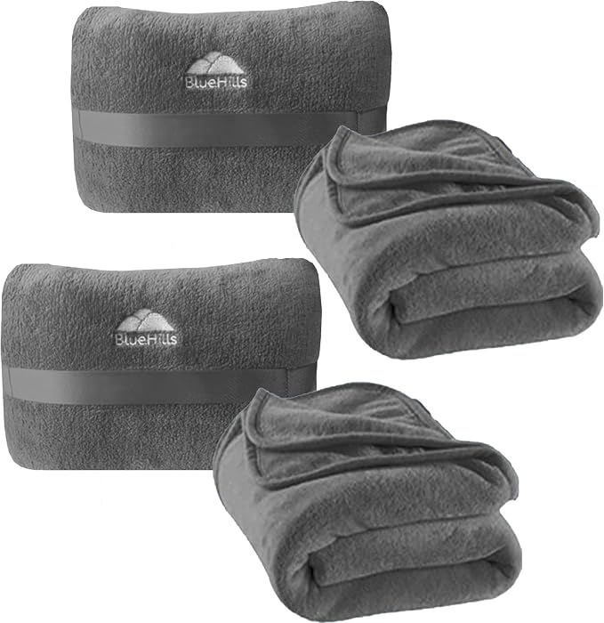 BlueHills Premium Soft 2 Pack Plush Mini Travel Blanket Pillows Combo Gray | Airplane Blanket in Bag, Compact Case, Luggage Belt, Backpack Clip, Long Flight Essentials, Lightweight, RV, Plane Warm Gift by BlueHills