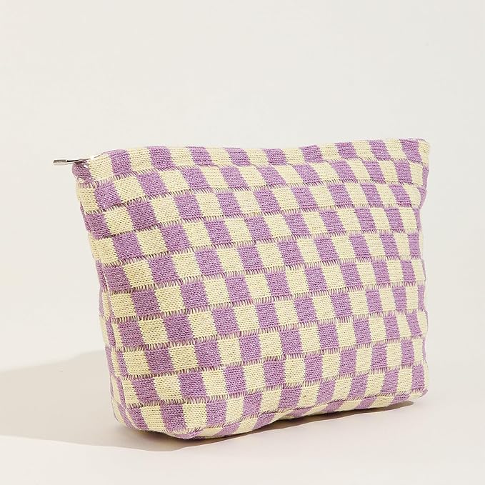 Cosmetic Bags for Women - Corduroy Cosmetic Bag Aesthetic Women Handbags Purses Smile Dots Makeup Organizer Storage Makeup Bag Girls Case Bags (Q-Checkered purple) - Image 2