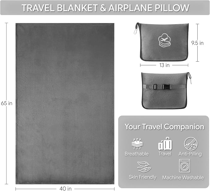 Travel Blanket, Soft 2-in-1 Airplane Blanket, 65x40 Inches, Travel Blanket Airplane Compact with Bag, Car Blanket with Luggage Sleeve & Backpack Clip (Light Grey) - Image 2