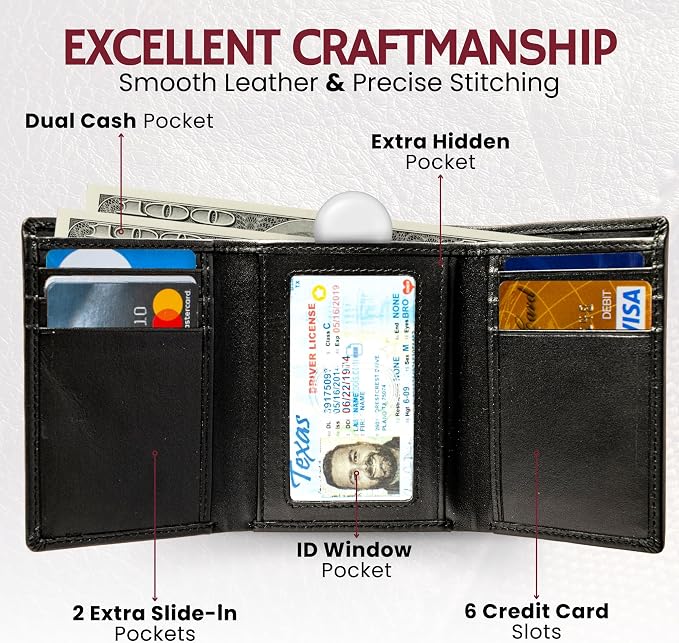 BULL GUARD Genuine Nappa Leather Trifold Wallet For Men RFID And ID Window, Double Cash Compartment with Secret Pocket, Soft Premium Top Grain Leather Black, Stylish & Secure Everyday Carry, Gift Box - Image 5