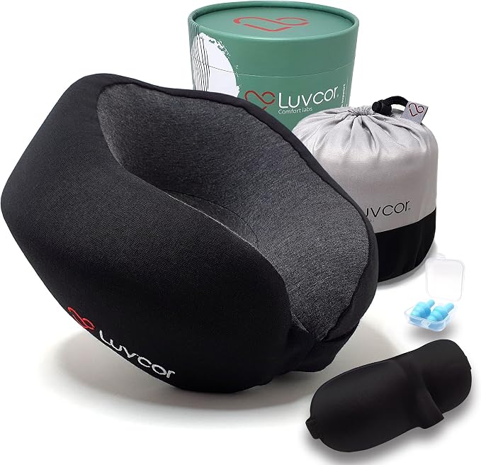 Premium Quality Memory Foam Travel Neck Pillow Bundle - Best Ergonomic Pillow for Airplane Travel, car Ride, Sleeping. Comes with Eye mask, earplugs and Storage Bag.(Stealth Black) by Luvcor