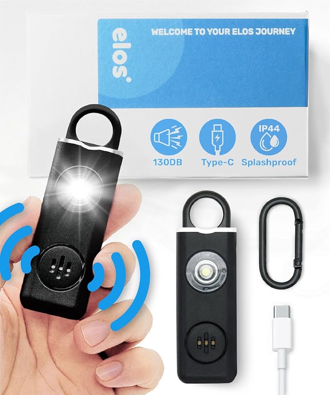 Personal Alarm Keychain for Women & for Seniors Pull pin, LED Light, 130db Siren, Hand held Safety Alarms, Pocket Alarm Protection for Emergency (Smoky Black) by ElosSkateboards