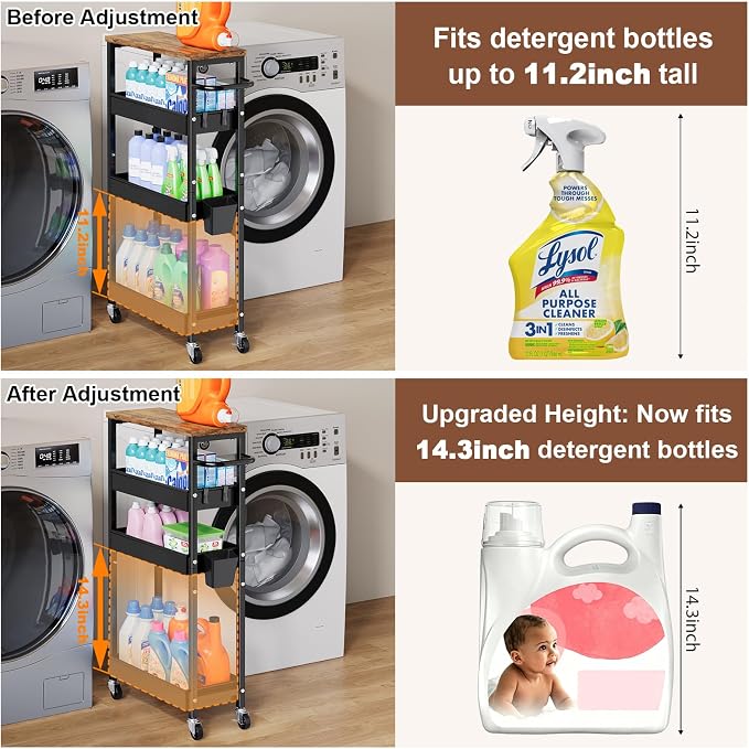 4 Tier Slim Rolling Storage Cart with Wheels for Between Washer and Dryer | Metal Narrow Kitchen Cabinet, Laundry Room Organization and Storage Shelf, 8In Skinny Detergent Organizer for Small Space - Image 2