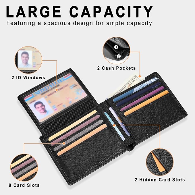 Travelambo Genuine Leather Wallet for Men with Gift Box - Handmade Bifold Stylish - Mens Wallets Rfid Blocking with 2 ID Windows - Image 5