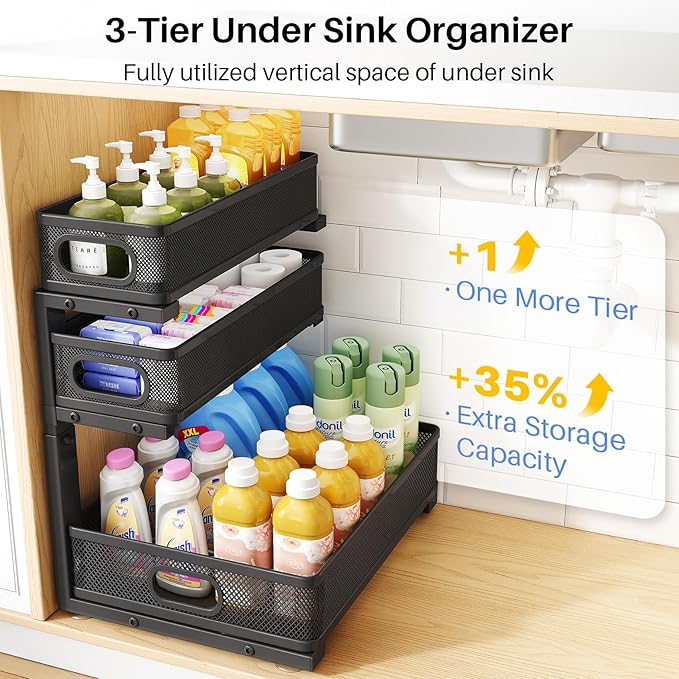 Under Sink Organizer, 3-Tier Thickened Metal Pull out Cabinet Organizer Shelf, Height Adjustable Slide out Storage Drawer Rack for Kitchen Bathroom Pantry Laundry Home Organization, 2-Pack, Black | 35% More Storage Capacity, Carbon Steel, Hold Up 55lbs... - Image 3