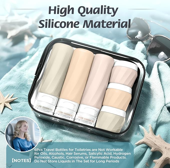 6Pcs Travel Bottles for Toiletries, Silicone Travel Size Containers Set | TSA Approved BPA-FREE Silicone Leak Proof Refillable Bottles and Jars, Women & Men Airplane Cruise Essentials Kit (CREAM) - Image 6