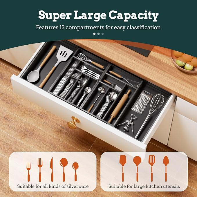 Silverware Organizer Large, Magnetic Connected Expandable 13 Slots Silverware Drawer Organizer From 21 to 37.4 Inches, Adjustable Flatware and Cutlery Holder, Bamboo Utensil Tray for Kitchen Black - Image 2