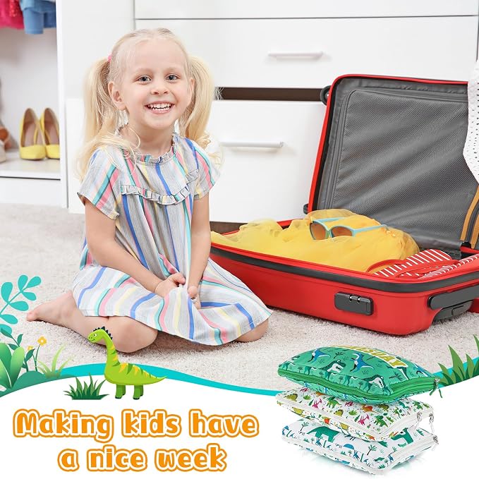 Paterr 7 Pcs Days of Week Packing Cubes for Travel Compression Packing Cubes for Kids Summer Camp Daily Outfit Suitcase Organizers Zippered Storage Bag for Cruise Vacation Essentials(Dinosaur) - Image 6