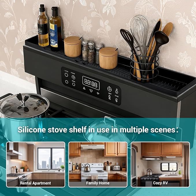 Silicone Over The Stove Shelf, 30 Inch Magnetic Stove Top Organizer - No Drill Space Saving Storage Rack for Spices & Kitchen Utensils, Perfect for Small Kitchen & Apartments （Black） - Image 4