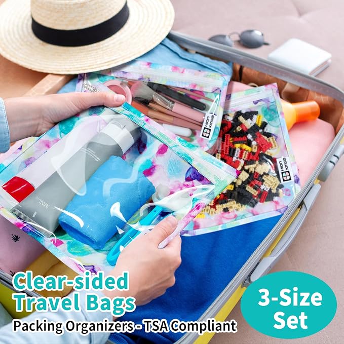 HIONXMGA Set of 3 Clear Travel Toiletry Bag, TSA Approved, Quart Size S/M/L | Clear Front Zipper Pouches Waterproof Cosmetics Bags for Women Kids Toiletries Baby Essentials Well-Organized, Watercolor - Image 2