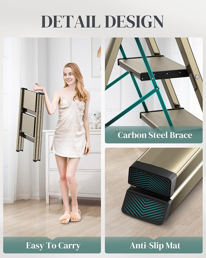 2 Step Ladder, Foldable Aluminum Step Stool with Anti-Slip Pedal | Lightweight yet Sturdy, Portable, Non Slip Feet, 300Lbs Capacity, Elegant Look, for Kitchen, Closet, Pantry, Champagne Gold - Image 4