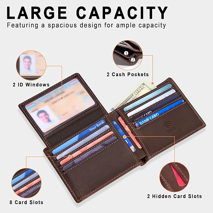 Travelambo Genuine Leather Wallet for Men with Gift Box - Handmade Bifold Stylish - Mens Wallets Rfid Blocking with 2 ID Windows - Image 6