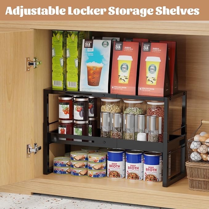 Adjustable Kitchen Countertop Organizer, 2-Tier Expandable Cabinet Counter Shelves, Heavy Duty Steel Pantry Organizers and Storage Shelf Rack Stand Riser, Adjustable Length & Height, Black - Image 4