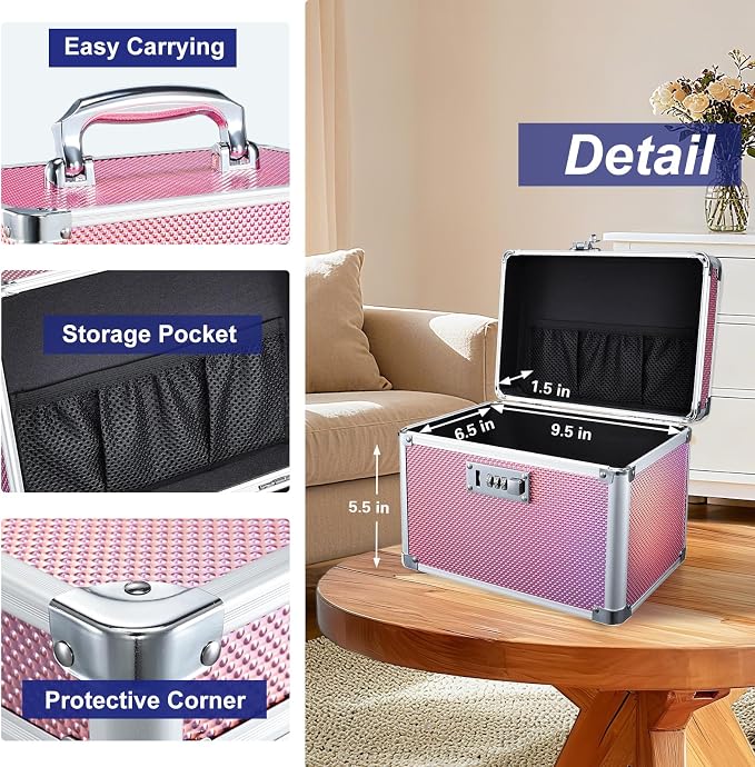 Medicine Lock Box with 3-Digit Combination Lock – Pink Lockable Storage Box for Medication, Small Lock Box for Valuables, 10"x7"x7.9" Locking Medicine Box for Home Travel Dorm - Image 7