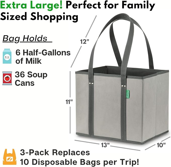 Creative Green Life Reusable Grocery Bags (3 Pack) – Heavy Duty Reusable Shopping Bags with Box Shape to Stand Up, Stay Open, Fold Flat – Large Tote Bags with Long Handles & Reinforced Bottom (Gray) - Image 4