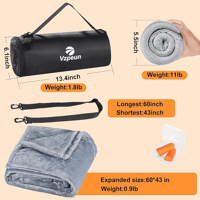 Travel Pillow and Blanket Set for Airplane, Hooded Memory Foam Neck Pillow | Soft blanket, privacy hood, earplugs, carry bag and memory foam neck support for airplane travel, long flights and road trips - Image 4